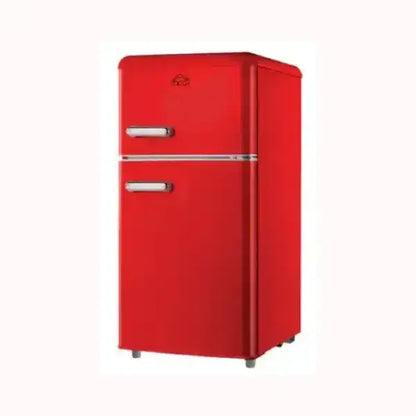 Frigorifero DCG rosso a due porte dal design retrò con maniglie cromate