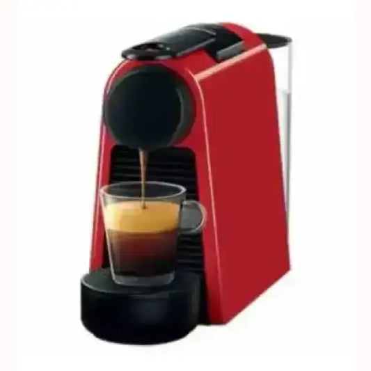 Macchina da caffè DeLonghi rossa con design compatto e tazza di caffè espresso trasparente