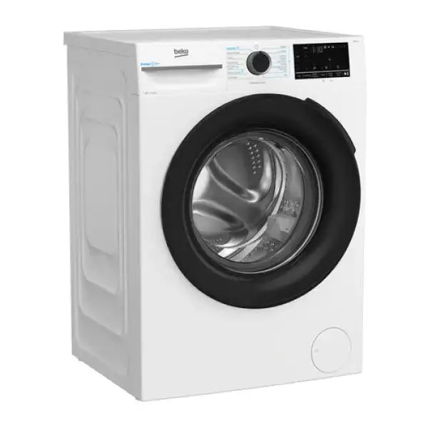 Beko lavatrice carica frontale bianca con oblo nero e display digitale, cestello in acciaio inox