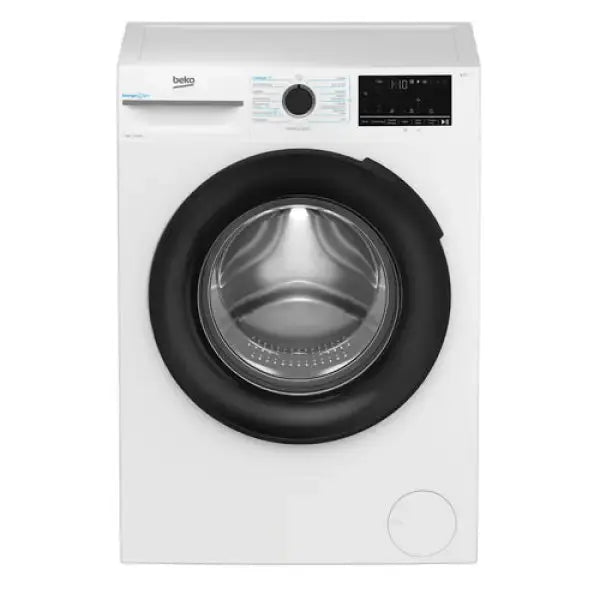 Lavatrice Beko a carica frontale bianca con oblo nero e pannello digitale, tamburo capiente