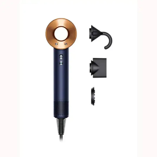 Asciugacapelli Dyson con design moderno blu e rame con tre diversi accessori per styling