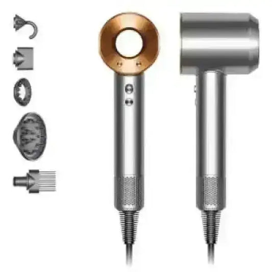 Asciugacapelli Dyson grigio e rame con accessori e design innovativo per piccoli elettrodomestici