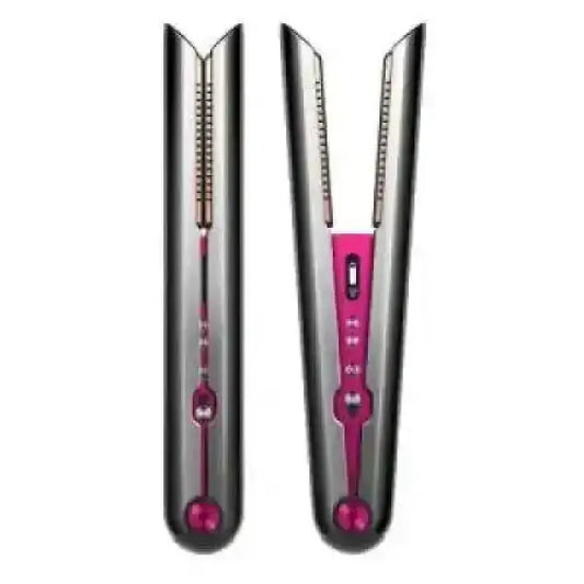 Piastra per capelli Dyson con design moderno in nero e fucsia per styling professionale