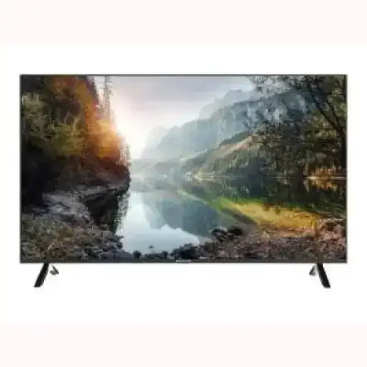 Sinudyne televisione LED 55 pollici con cornice sottile e piedi separati mostra paesaggio montano e lago