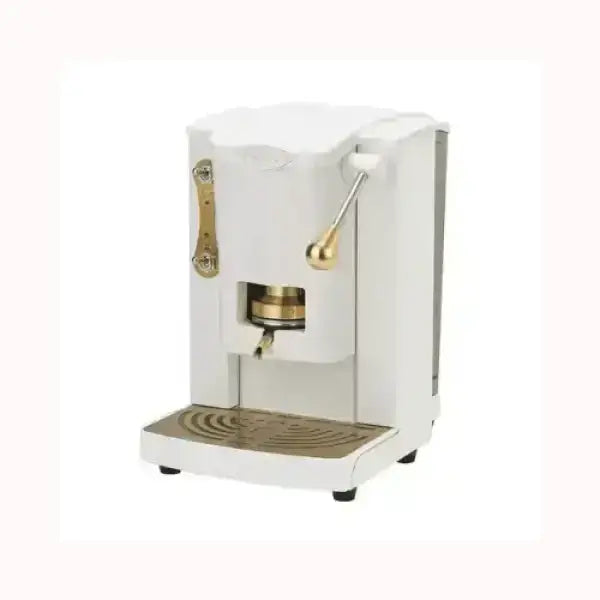 Macchina da caffè FABER bianca con leva e dettagli dorati dal design vintage elegante