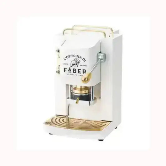 Macchina da caffè FABER bianca con dettagli dorati e leva manuale per espresso artigianale