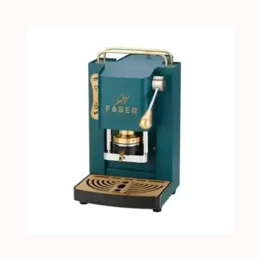 Macchina da caffè FABER verde con dettagli dorati e leva manuale per espresso di design elegante