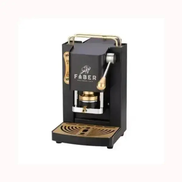 Macchina da caffè FABER nera con dettagli dorati e leva manuale per espresso artigianale