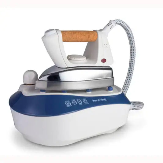 Ferro da stiro Innoliving con base blu e bianca e manico in sughero per stiratura efficiente