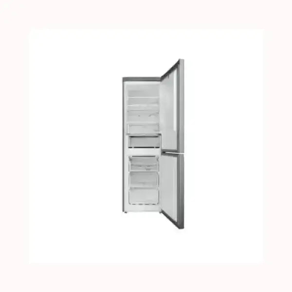Frigo combinato Hotpoint con porte aperte che mostrano scomparti interni e ripiani trasparenti