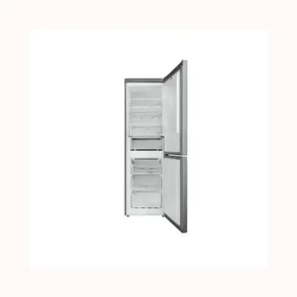 Frigo combinato Hotpoint con porte aperte che mostrano scomparti interni e ripiani trasparenti