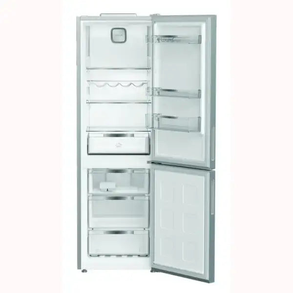 Frigo Combinato Hotpoint bianco con porte aperte che mostrano scomparti interni e ripiani trasparenti