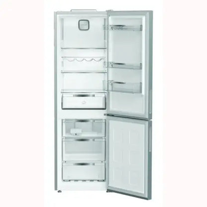 Frigo Combinato Hotpoint bianco con porte aperte che mostrano scomparti interni e ripiani trasparenti