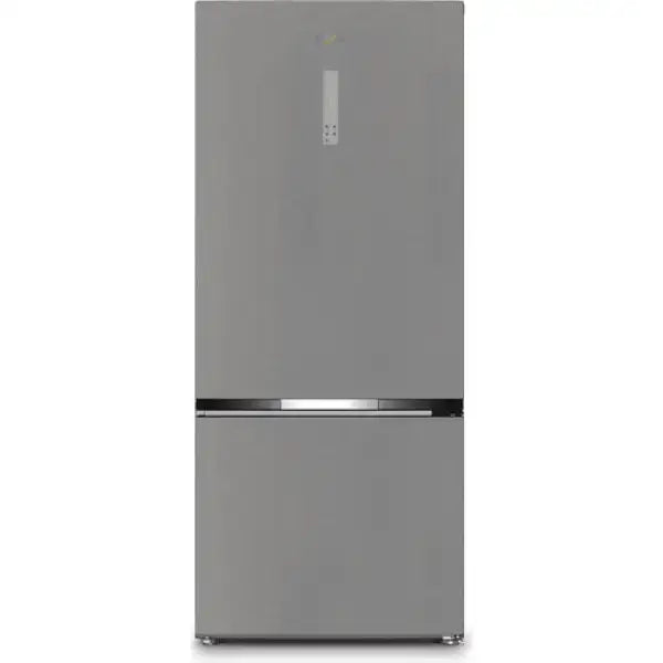 Frigorifero Whirlpool moderno a doppia porta con finitura grigia e design elegante