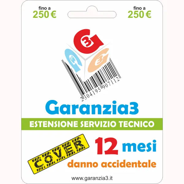 Estensione garanzia Garanzia3 copertura 12 mesi danno accidentale fino a 250 euro