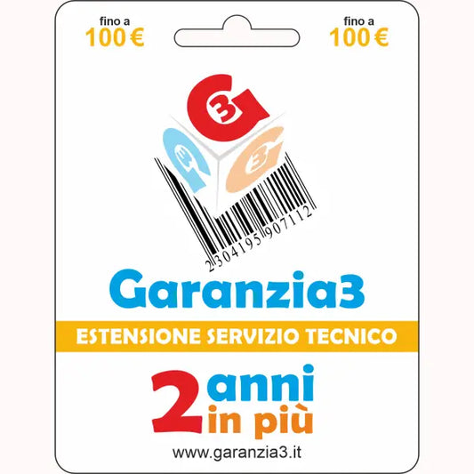 Extension de garantie Garanzia3 avec service technique et couverture jusqu'à 2 ans supplémentaires et valeur jusqu'à 100 euros