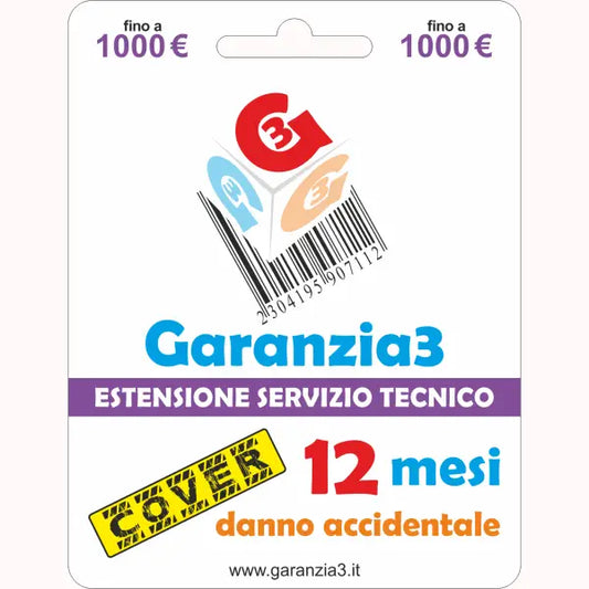 Extension de garantie Garanzia3 couverture dommages accidentels pendant 12 mois jusqu'à 1000 euros
