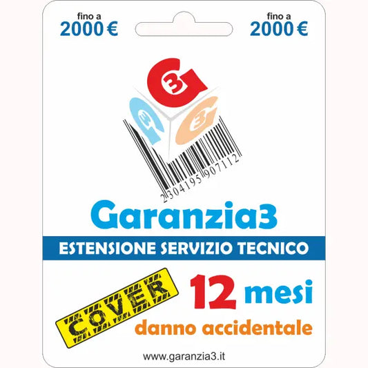 Extension de garantie Garanzia3 avec couverture des dommages accidentels pendant 12 mois jusqu'à 2000 euros