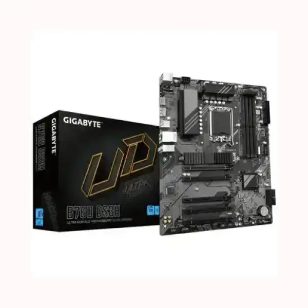 Scheda madre GIGABYTE B760 DS3H Ultra Durable con scatola nera e dettagli dorati