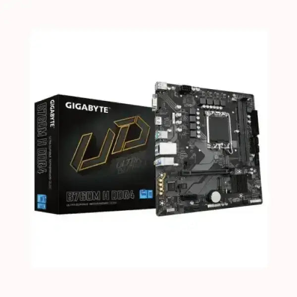 Scheda madre GIGABYTE B760M H DDR4 con scatola nera e dettagli dorati per PC desktop