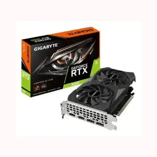 Scheda video GIGABYTE GeForce RTX 3050 con doppia ventola e design nero moderno