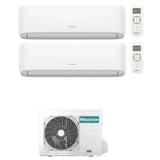 Condizionatori HISENSE con due unità interne bianche e unità esterna con ventilatore e telecomandi