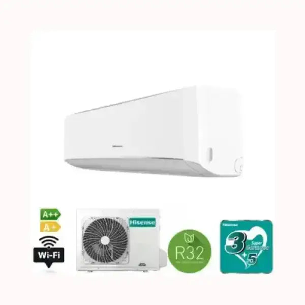 Condizionatore HISENSE bianco con unità esterna Wi-Fi e gas refrigerante R32 ad alta efficienza
