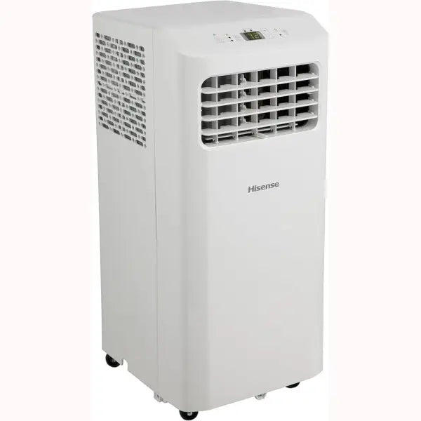 Condizionatore portatile Hisense bianco con ruote e pannello di controllo digitale