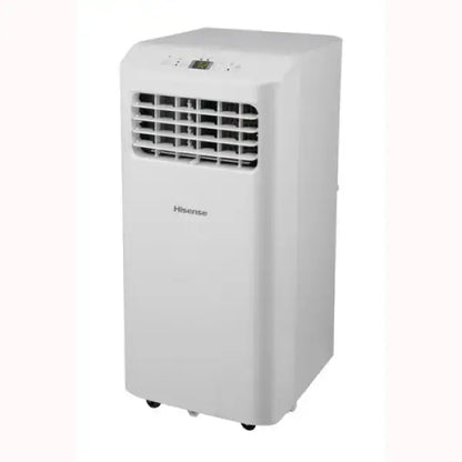 Condizionatore Portatile Hisense bianco con display digitale e rotelle per facile trasporto