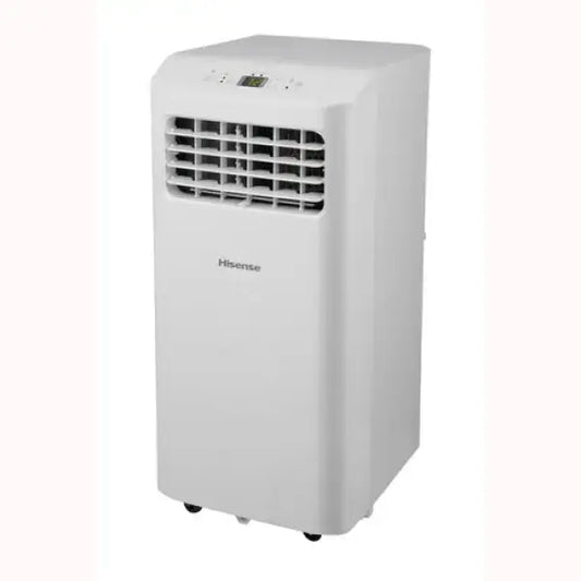 Condizionatore Portatile Hisense bianco con display digitale e rotelle per facile trasporto