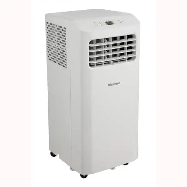 Condizionatore portatile Hisense bianco con ruote e pannello di controllo digitale