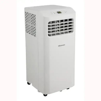 Condizionatore portatile Hisense bianco con ruote e pannello di controllo digitale