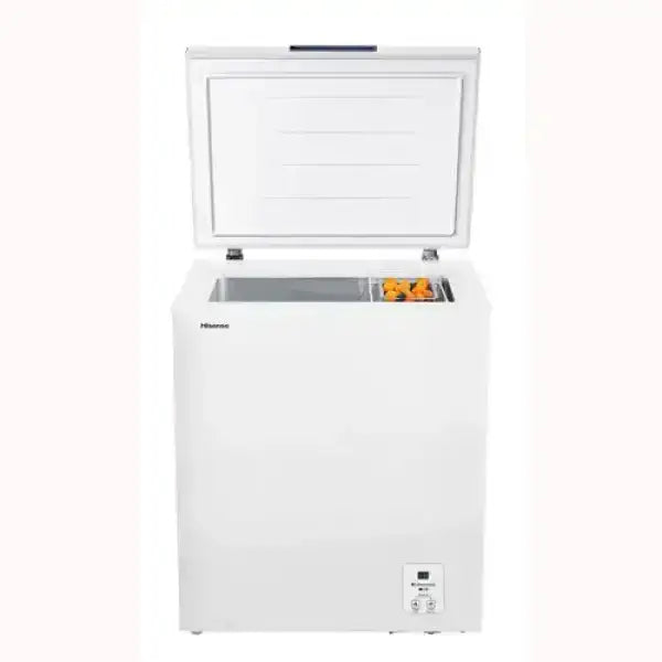 Hisense congelatore a pozzetto bianco con apertura superiore e cassetto interno trasparente
