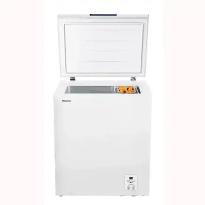 Hisense congelatore a pozzetto bianco con apertura superiore e cassetto interno trasparente