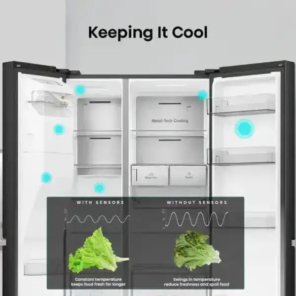 Hisense frigo side by side nero con porte aperte che mostrano scomparti spaziosi e tecnologia Metal-Tech Cooling