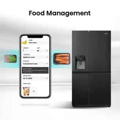 Hisense frigo side by side nero con dispenser acqua e gestione digitale del cibo tramite smartphone