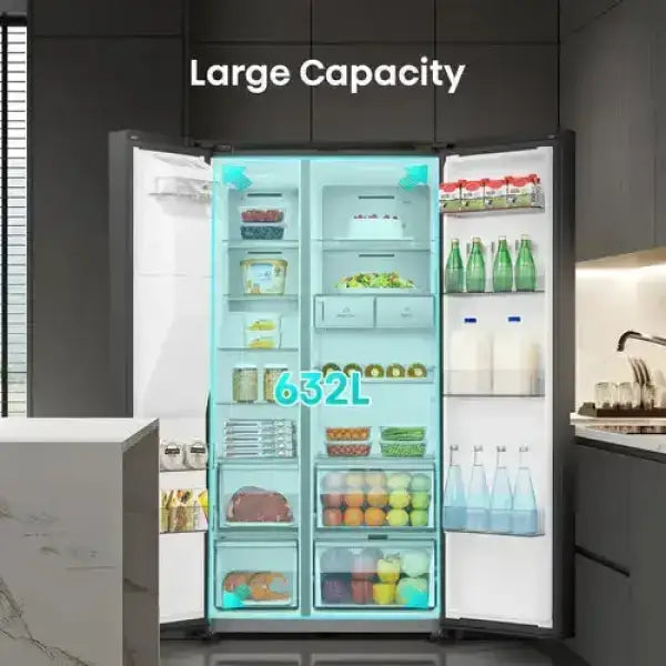 Hisense frigo side by side con doppia porta aperta e grande capacità interna di 632 litri