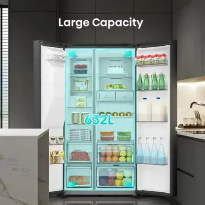 Hisense frigo side by side con doppia porta aperta e grande capacità interna di 632 litri
