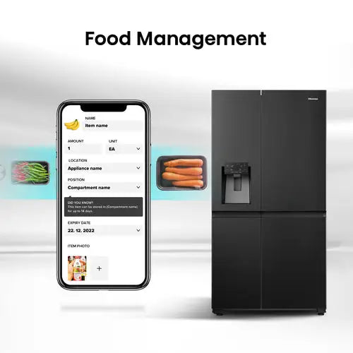 Frigorifero Hisense in nero con gestione alimentare tramite app per una conservazione ottimale