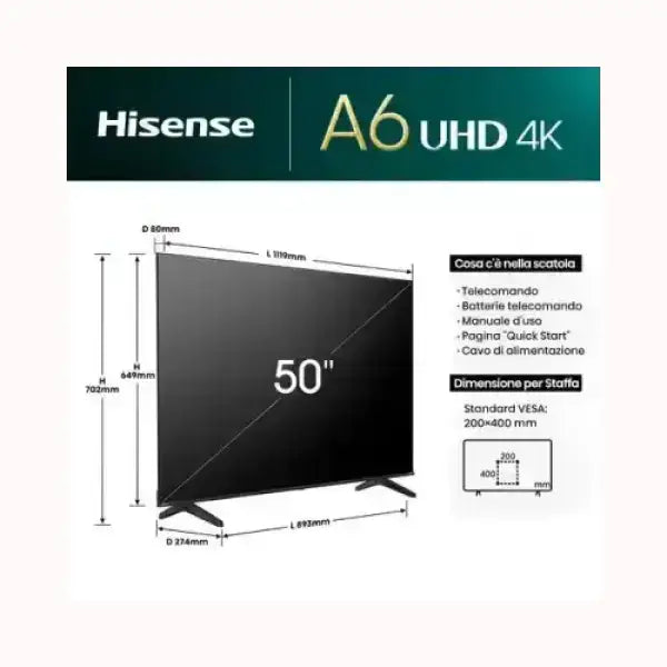 HISENSE TV A6 UHD 4K 50 pollici nero con base a due piedi schema dimensioni e accessori inclusi telecomando