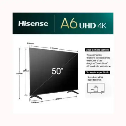 HISENSE TV A6 UHD 4K 50 pollici nero con base a due piedi schema dimensioni e accessori inclusi telecomando