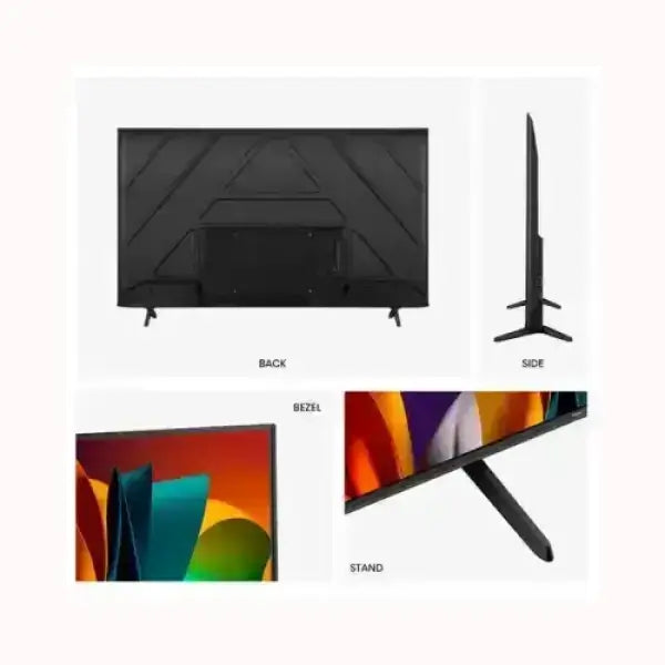 HISENSE TV televisore a schermo piatto nero vista posteriore profilo laterale cornice sottile e supporto a due piedi