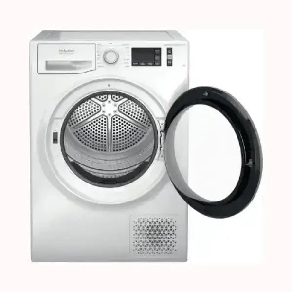 Asciugatrice Hotpoint bianca con porta frontale aperta e pannello di controllo digitale
