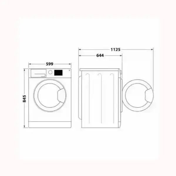 Schema tecnico della lavatrice HOTPOINT con misure di larghezza 599 mm e altezza 845 mm con porta aperta