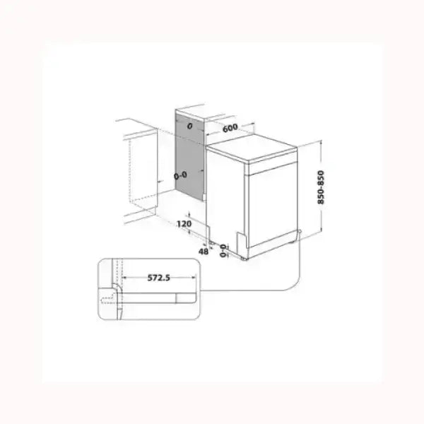 Schema tecnico con misure dettagliate della lavastoviglie Hotpoint per l'installazione in cucina