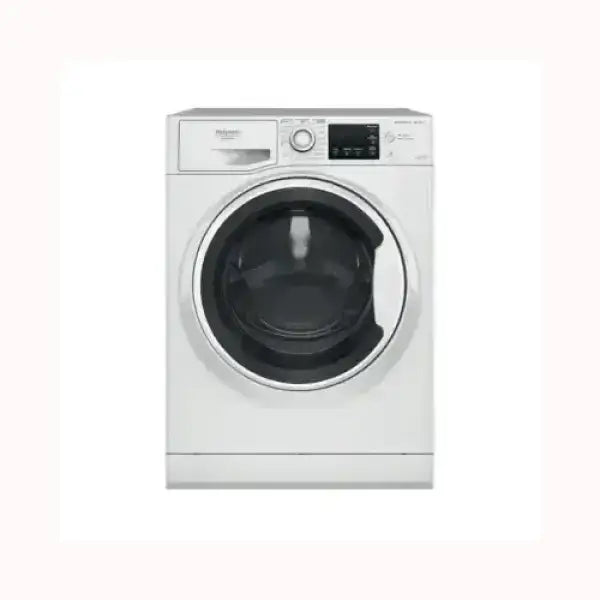 Lavasciuga HOTPOINT bianca con oblò nero e pannello di controllo digitale moderno