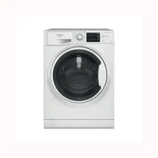 Lavasciuga HOTPOINT bianca con oblò nero e pannello di controllo digitale moderno