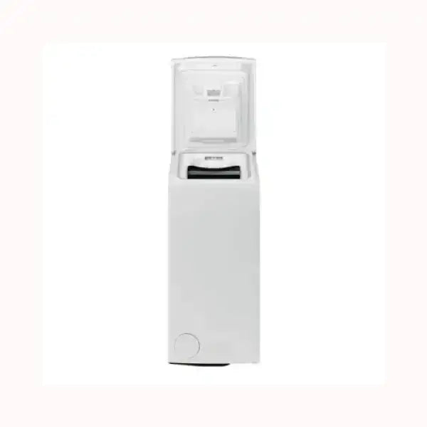 Lavatrice Hotpoint a carica dall'alto bianca con coperchio aperto e design compatto