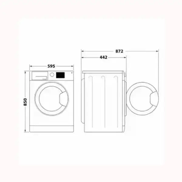 Disegno tecnico della lavatrice HOTPOINT con dimensioni precise per altezza, larghezza e profondità