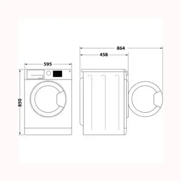 Schema tecnico Hotpoint lavatrice con dimensioni altezza 85 cm larghezza 59,5 cm profondità 86,4 cm
